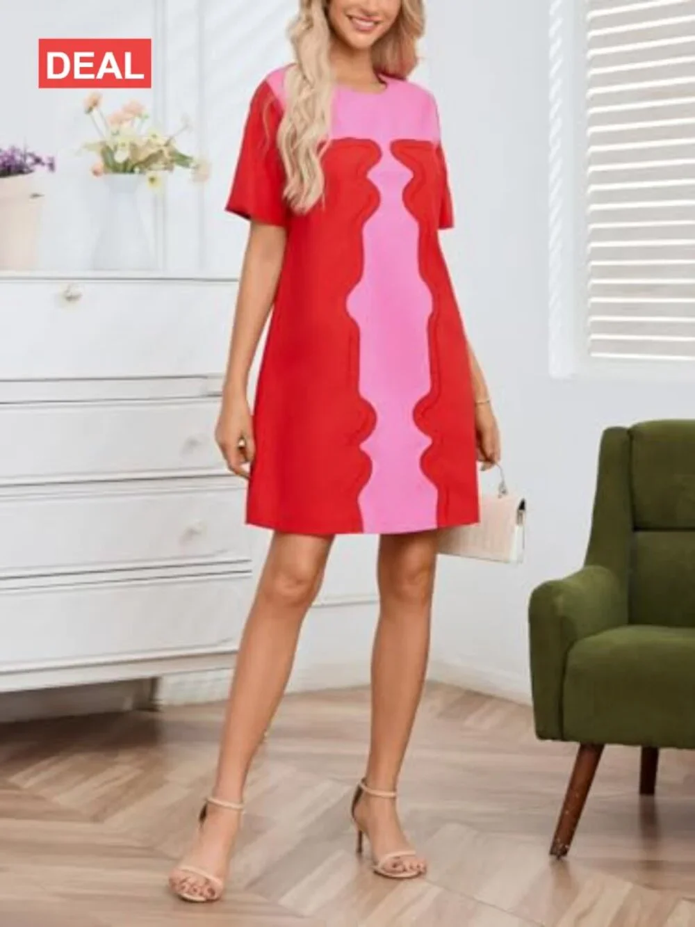 Color Block Shift Dress Cotton Linen Short Sleeve Embroidered Mini Dress with - Picture 4 of 6